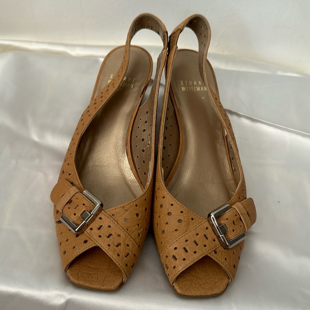 Stuart Weitzman Perforated Leather Slingback Peep Toe Wedge Heels